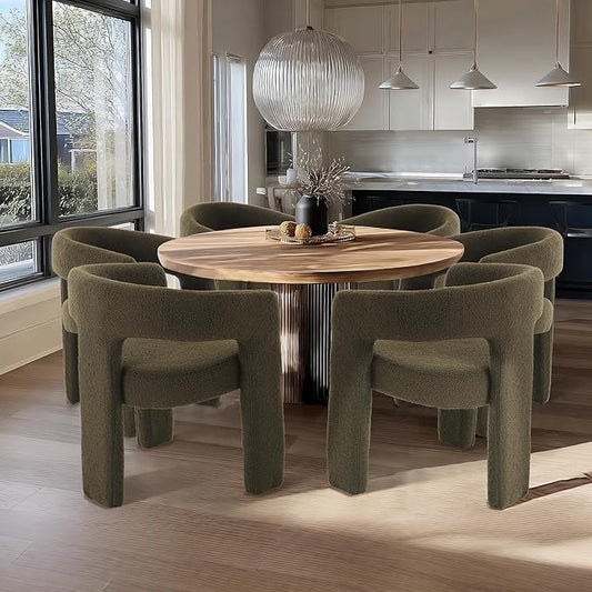 Green Sherpa Dining Chairs Set of 6, Modern Barrel Dining Room Chairs Upholstered Faux Fur Accent Chair with Arms and Round Back for Living Room Kitchen Armchair No Assembly Needed-HomvellaHome