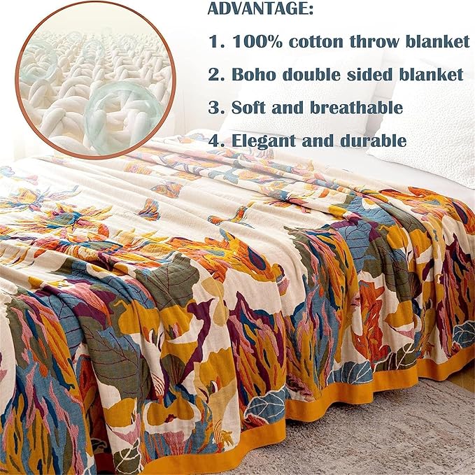 100% Cotton Throw Blanket for Bed Couch Summer 98''x 98'' Super Soft Muslin Blankets Warm Boho Quilt Lightweight Farmhouse Decorative Bed Blankets-HomvellaHome