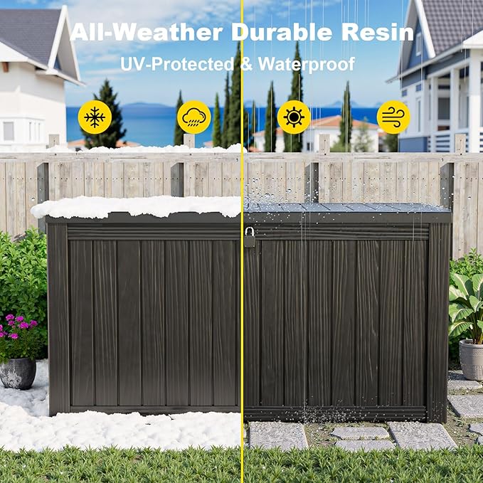 150 Gallon Outdoor Deck Box,Storage Lockable Waterproof Patio Furniture,Garden Tools,Cushions,Pool Accessories Outside Storage Resin Box(Black)-HomvellaHome