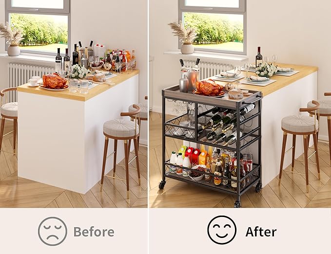 Gizoon Rolling Bar Cart, a Versatile Beverage Cart with a Removable Tray, 12-Bottle Wine Rack, and Glass Holder, The Bar Cart is Perfect for Kitchen, Dining Room, or Outdoor Use (Gray)-HomvellaHome