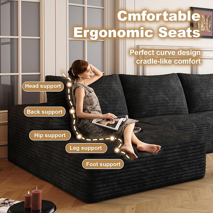 136" Sectional Couches for Living Room Modern Modular Sofa with L-Shape Couchs Upholstered Boneless Couch Deep Seat Sectional Couch with Chaise (Black, Left Facing Chaise+3Seaters)-HomvellaHome