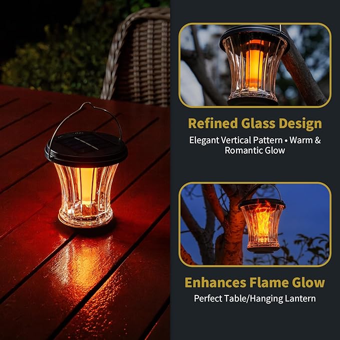 Glass Solar Lantern Outdoor Lights Waterproof, Flickering Flame Solar Lights with Modular Design, Auto On/Off Decorative Hanging Lanterns for Patio Garden Pathway Camping Deck Yard (4 Pack)-HomvellaHome