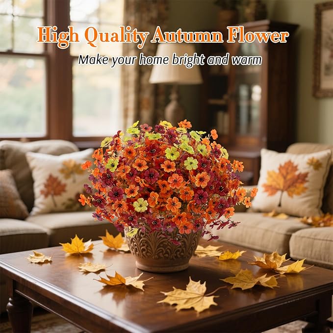 12 Bundles Artificial Fall Flowers Faux Mums for Outdoor Indoor, Artificial Plants Daisy Faux Plants Fake Mums for Fall Decor Pots Patio Garden Porch Autumn (Orange，Brown，Yellow) (12)-HomvellaHome
