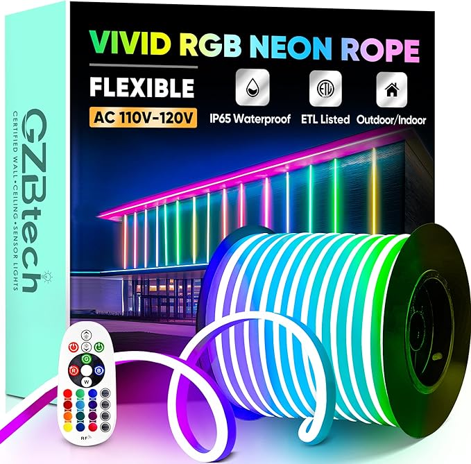 GZBtech RGB LED Neon Rope Lights 133FT/40M, AC 110-120V Waterproof Color Changing LED Rope with Remote Controller, Dimmable Multi Color Neon Rope Lighting for Indoor Outdoor Commercial Use-HomvellaHome