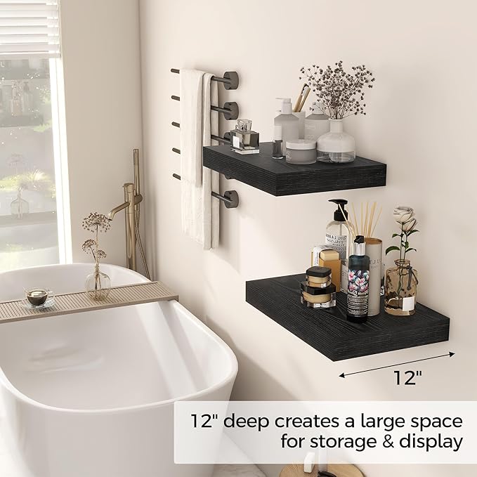 12 Inch Deep Black Floating Shelves, 16 x 12 Floating Shelf for Books, Rustic Wood Deep Wall Shelves for Home Storage & Display, 2" Thicked Shelves for Kitchen, Living Room, Bedroom, 2 Pack-HomvellaHome