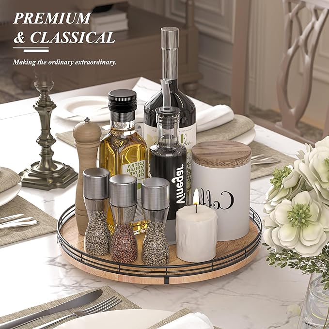 13" Lazy Susan Oak Wood Turntable Organizer for Cabinet, Farmhouse Round Wooden Lazy Susan Organization and Storage for Dining Table, Pantry, Kitchen, Bathroom, Countertop, Cupboard, Home Decor-HomvellaHome