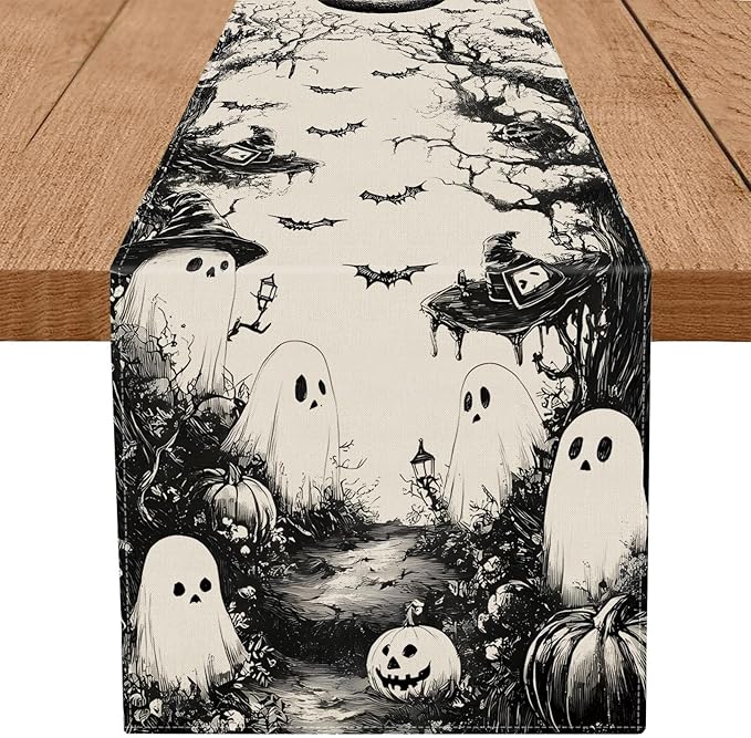 GPGHE Halloween Table Runner Black Ghost Holiday Burlap Table Decoration Indoor Outdoor Home Decor Party Supply 13 x 72 Inch-HomvellaHome