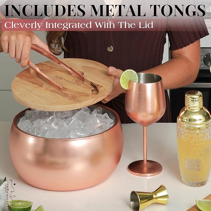 Gusto Nostro 4.1L Insulated Ice Bucket with Lid and Tongs, Double Wall Stainless Steel Ice Bucket Large, BPA Free Ice Bucket for Cocktail Bar, Keeps Champagne, Wine, Beer Chill for Parties (Rose)-HomvellaHome