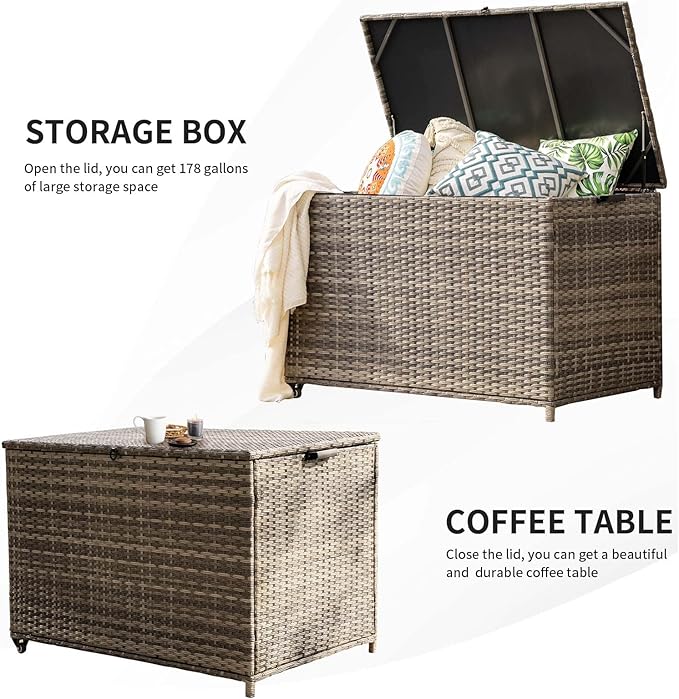 178 Gallon Outdoor Storage Box, Patio Deck Box with 2 Wheels, Handle Large Portable Wicker Rattan Deck Box for Patio Furniture Cushions, Throw Pillows, Garden Tools and Pool Floats (Gray)-HomvellaHome