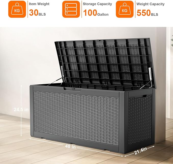100 Gallon Resin Deck Box, Lockable Patio Outdoor Storage Box for Furniture, Garden Tools and Tools Storage, Waterproof Outside Storage Boxes - Black-HomvellaHome