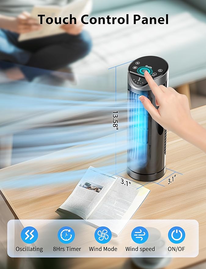 Grelife Tower Fan with Remote Control, Fast Cooling Desktop Fan, 90° Oscillation, 3 Speeds, 3 Wind Modes, Touch Screen, Auto Timer, Ideal for Home, Office Bedroom-HomvellaHome