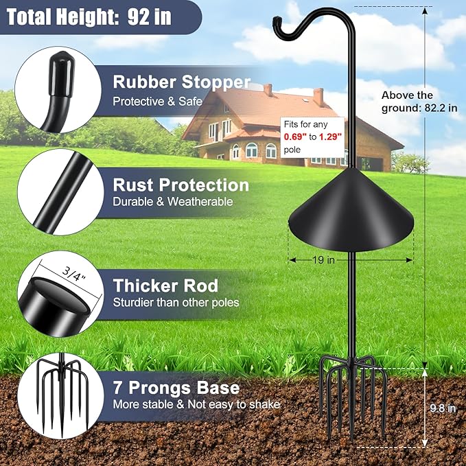 Gtongoko Bird Feeder Pole Squirrel Proof 92 Inch Shepherds Hook for Outdoor with Squirrel Baffles Adjustable Heavy Duty with 7 Prongs Base for Hanging Plants, Bird Feeders, Black-HomvellaHome