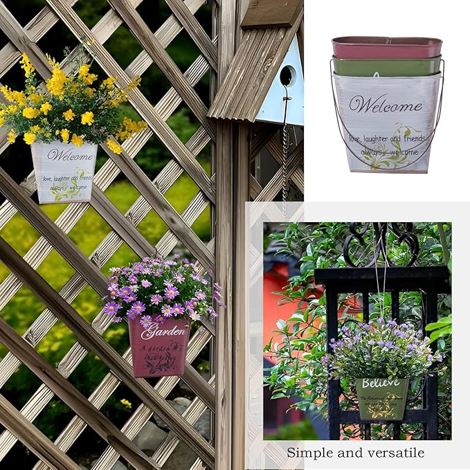 GDYOOSHOW 3Pcs 7.4" Tall Galvanized Metal Hanging Planter Rustic Wall Flower Bucket Echelon Wall Pot for Garden Balcony Indoor or Outdoor-HomvellaHome
