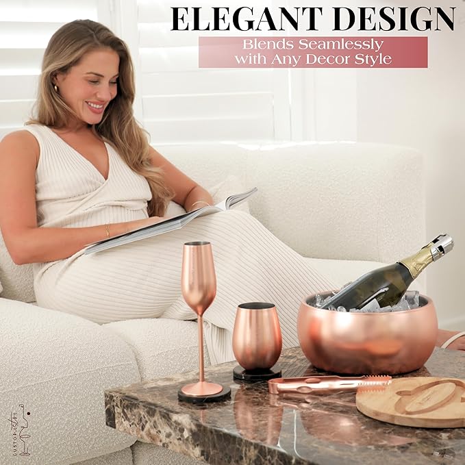 Gusto Nostro 4.1L Insulated Ice Bucket with Lid and Tongs, Double Wall Stainless Steel Ice Bucket Large, BPA Free Ice Bucket for Cocktail Bar, Keeps Champagne, Wine, Beer Chill for Parties (Rose)-HomvellaHome