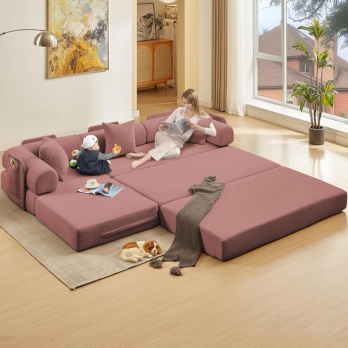 107" Oversized Convertible Sleeper Sofa Bed, Corduroy L Shape Sectional Couch, Folding Sofa Bed with Side Pocket, Modern Cloud Floor Mattress Couch, Modular Sofa for Living Room, Pink-HomvellaHome