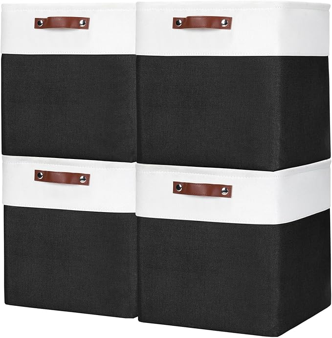 13x13 Cube Storage Bins, Collapsible Fabric Storage Box, 4 Pack Closet Baskets with Handles for Organizing, Shelf, Toys, Clothes, Home, Office, Nursery (Black&White)-HomvellaHome