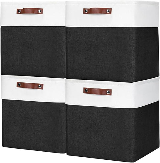 13x13 Cube Storage Bins, Collapsible Fabric Storage Box, 4 Pack Closet Baskets with Handles for Organizing, Shelf, Toys, Clothes, Home, Office, Nursery (Black&White)-HomvellaHome