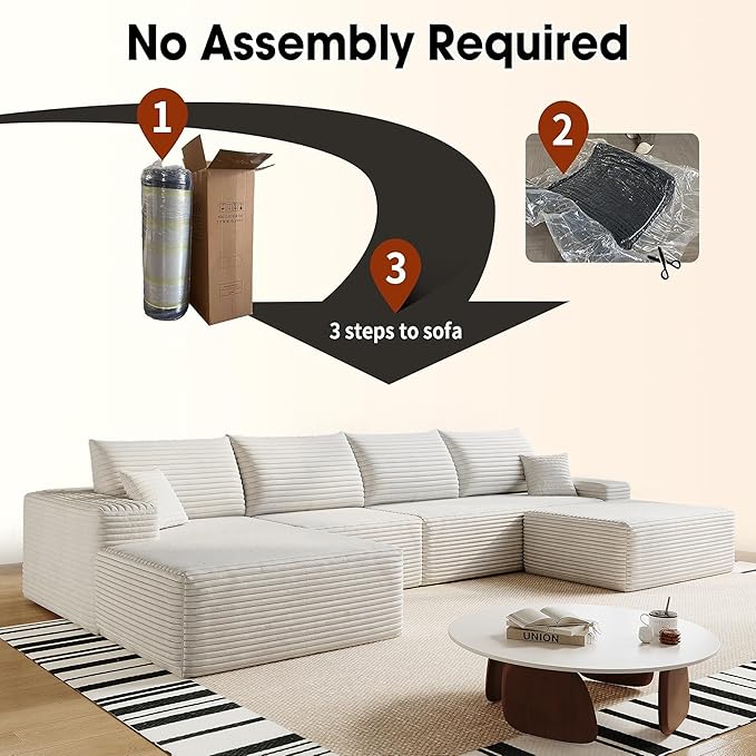 136" Sectional Couches for Living Room Modern Modular Sofa with L-Shape Couchs Upholstered Boneless Couch Deep Seat Sectional Couch with Chaise (White, Left Facing Chaise+3Seaters+Ottoman)-HomvellaHome