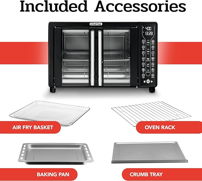 Gourmia Toaster Oven Air Fryer Combo 17 cooking presets 1700W french door digital air fryer oven 24L capacity accessories, convection rack, baking pan tray recipe book GTF7460,Large,Black-HomvellaHome