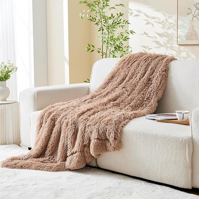 GONAAP Fuzzy Faux Fur Throw Blanket Twin Size Taupe Super Soft Cozy Plush Fuzzy Shaggy Blanket for Couch Sofa Bed (Taupe, Twin(60"x80"))-HomvellaHome