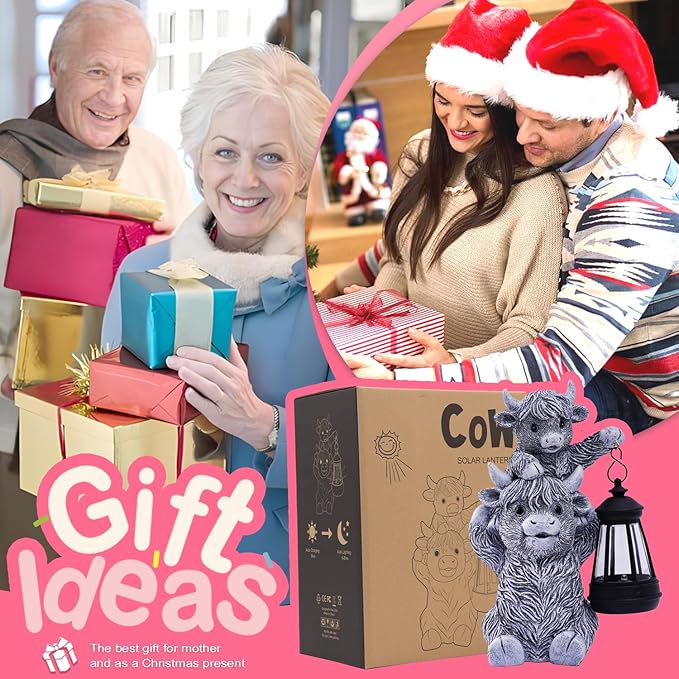 Goodeco 9.5 Inch Highland Cow with Solar Lantern – Resin Garden Decor, Outdoor Statue & Unique Highland Cow Gifts (Gray)-HomvellaHome