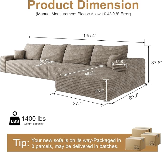 136" Sectional Couches for Living Room Modern Modular Sofa with L-Shape Couchs Upholstered Boneless Couch Deep Seat Sectional Couch with Chaise (Camel, Right Facing Chaise+3Seaters)-HomvellaHome