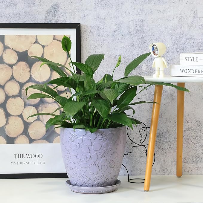 10inch Retro Ceramic Planter with Drainage Hole and Saucer for Multiple Plants, Indoor-Outdoor Garden Pots for Succulent, Orchid, and Flower (Fits Inner Pots Up to 9 Inch, Retro Purple)-HomvellaHome