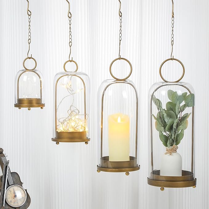 16" High Versatile Modern Metal Hurricane Lantern with Handmade Sturdy Glass Dome for Pillar Candle & Plants (Brass, 6.3"x16.5")-HomvellaHome