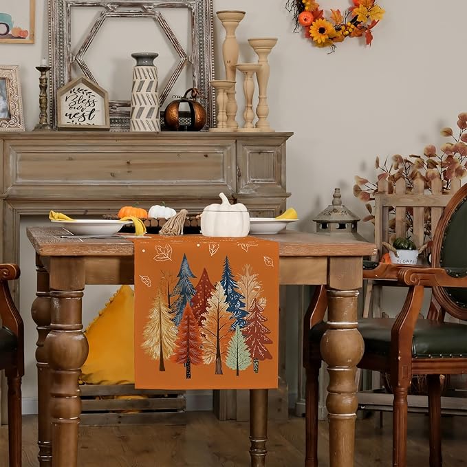 GEEORY Fall Watercolor Tree & Maple Leaves Table Runner 13x36 Inch, Rustic Farmhouse Autumn Thanksgiving Decor for Kitchen, Dining, Indoor/Outdoor Holiday Dinner Party Orange GT158-36-HomvellaHome