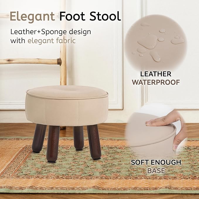 13in Small Foot Stool Ottoman, Round Faux Leather Foot Rest for Couch, Under Desk Pouf Footstool Footrest with Non-Skid Rubber Legs for Ling Room, Bedroom, 13''L x 13''W x 10.2''H, Beige-HomvellaHome