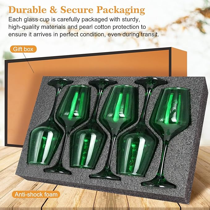 Green Wine Glasses Set of 6-12oz Green Long Stem Wine Glass Cups, Pretty Crystal Glassware, Hand Blown Goblets Drinkware, Unique Drinking Stemware Holiday Gift Set-HomvellaHome