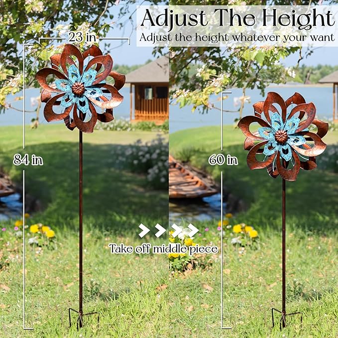 Garden Wind Spinner,Flower Wind Spinner,Outdoor Metal Wind Sculpture & Spinner Large 23 inch Dia 84 inch Height Kinetic Windmill for Garden Yard-HomvellaHome