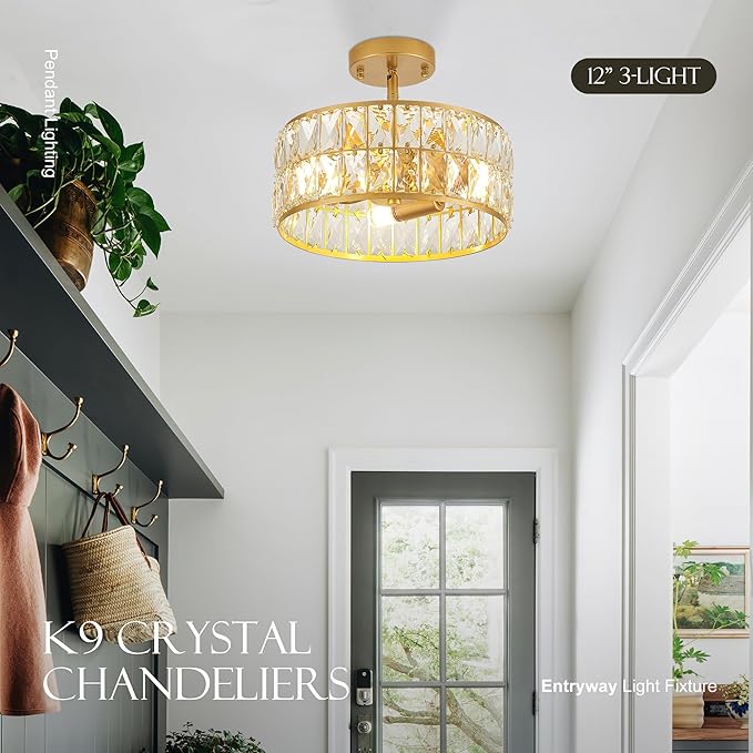 12” 3-Light Modern Crystal Chandeliers Gold Dinning Room Light Fixture, Round Pendant Light Kitchen Island Chandelier, Flush Mount Ceiling Light for Living Room Entryway Bedroom Foyer-HomvellaHome