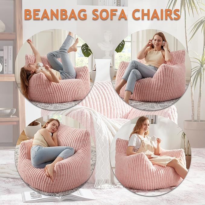 Giant Bean Bag Chairs for Adults with Filling Plush Fluffy Bean Bag Chairs for Teens with Armrests Comfy BeanBag Lazy Couch Sofa Chair for Bedroom Living Room Reading-HomvellaHome