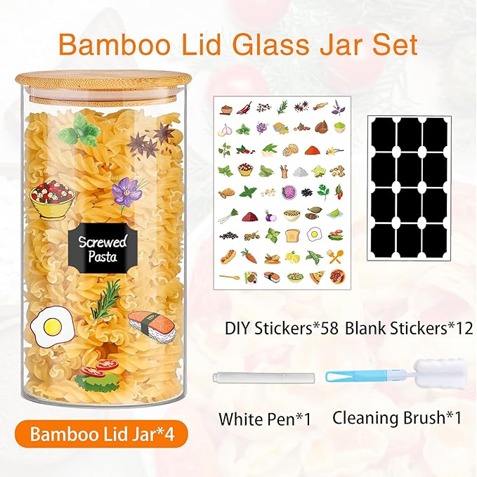 Glass Storage Jars 45 oz 4 Pcs Clear Glass Food Storage Containers with Airtight Bamboo Lid Stackable Kitchen Canisters for Candy, Cookie, Rice, Sugar, Flour, Pasta, Nuts-HomvellaHome
