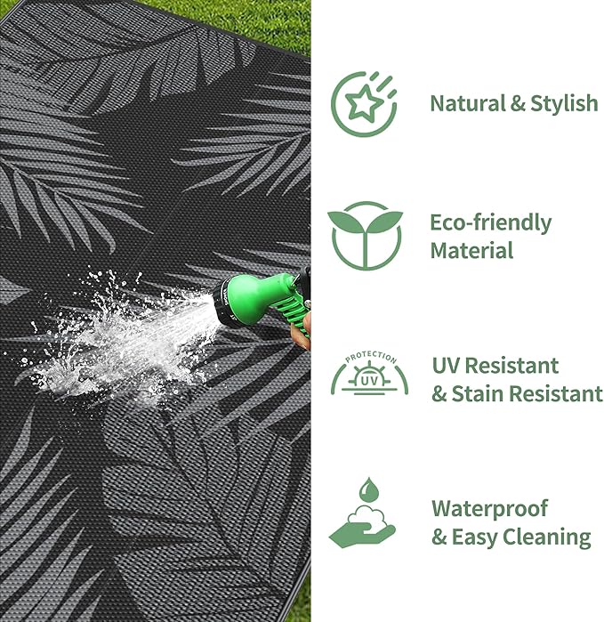 GENIMO Outdoor Rug 2.5' x 8' Waterproof for Patios Clearance, Reversible Outdoor Plastic Straw Camping Rug Carpet, Large Area Rugs Mats for RV, Camper, Deck, Balcony, Porch, Beach, Picnic, Black&Grey-HomvellaHome