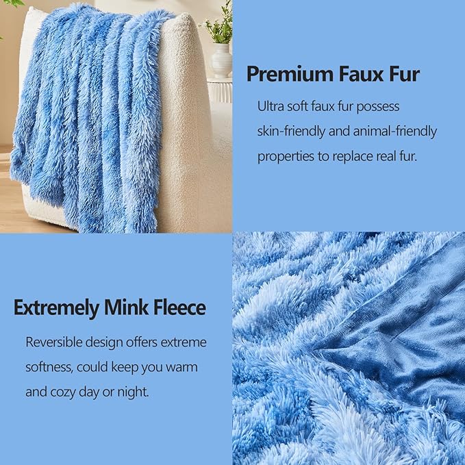 GONAAP Fuzzy Faux Fur Throw Blanket Twin Size Indigo Super Soft Cozy Plush Fuzzy Shaggy Blanket for Couch Sofa Bed (Indigo, Twin(60"x80"))-HomvellaHome