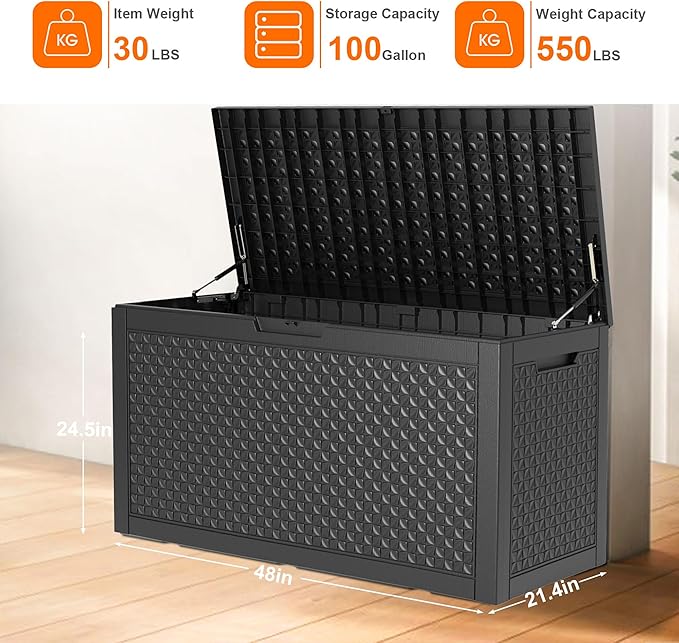 100 Gallon Resin Deck Box, Lockable Patio Outdoor Storage Box for Furniture, Garden Tools and Tools Storage, Waterproof Outside Storage Boxes - Patterned black-HomvellaHome