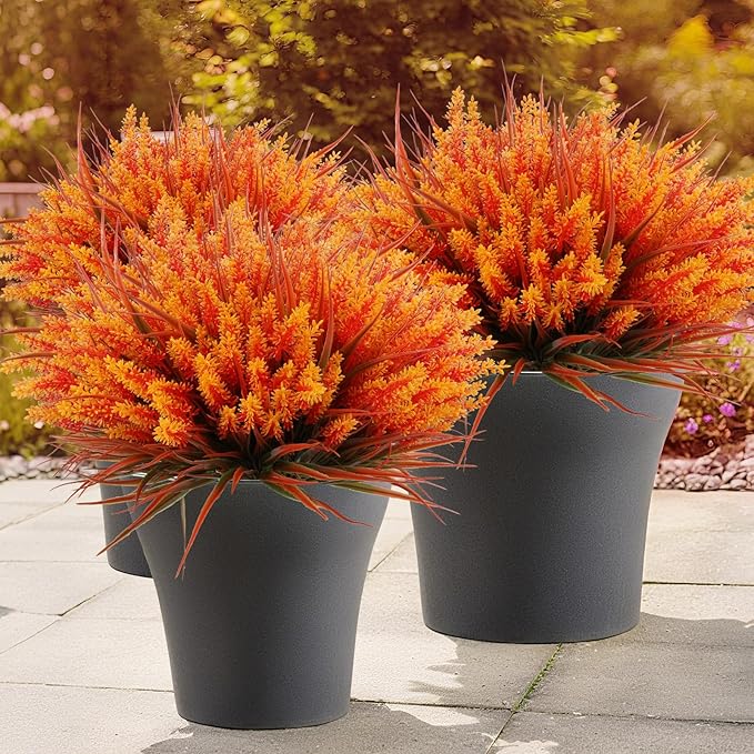 Geegoods 24 Bundles Artificial Fall Flowers Outdoor – Faux Lavender Flowers with Monkey Grass UV Resistant Plastic Faux Plants for Garden Porch Patio Home Decor, Autumn-Orange Color-HomvellaHome