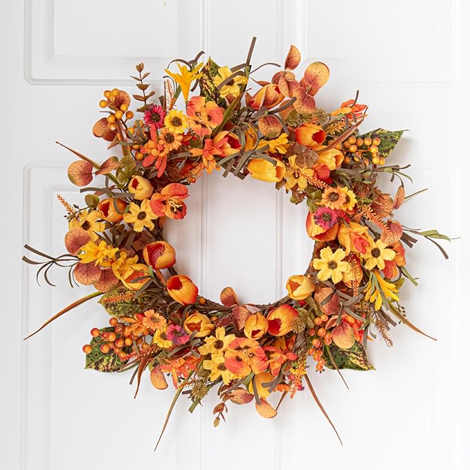 18 Inches Fall Wreaths for Front Door Rustic Autumn Wreath Farmhouse Fall Floral Wreaths with Tulips Phalaenopsis Orange Wildflowers for Wall Window Porch Indoor Outside Decor-HomvellaHome