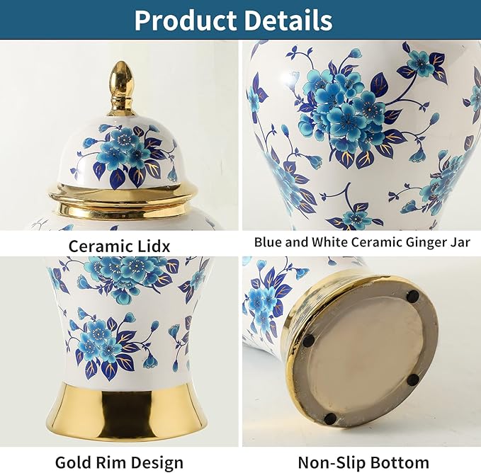 Ginger Jars for Home Decor, White and Gold Vase, Porcelain Ginger Jar Chinoiserie Blue and White Vase with Gold Trim and Floral Pattern, Ceramic Flower Vase for Home, Temple and Storage Jars(12in)-HomvellaHome