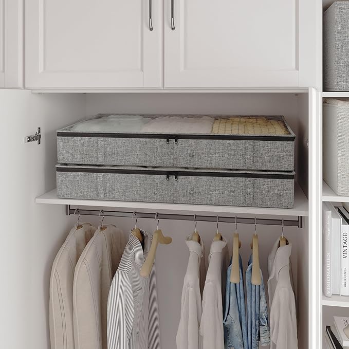 Gray Low Profile Under Bed Storage Containers 5 inches high, 33.8"x 17.7"x 5.1", Sturdy Underbed Shoe Storage Organizer, Foldable Fabric Under the Bed Storage Bins - Pack of 2-HomvellaHome