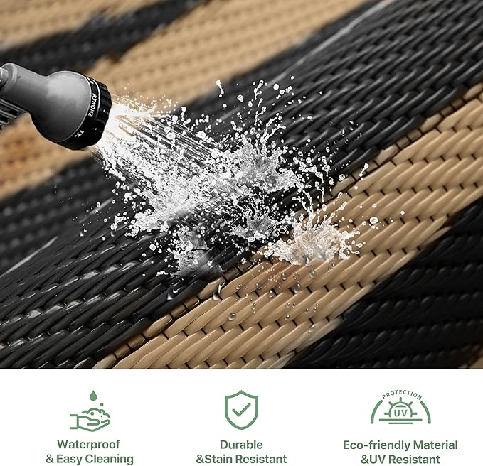 GENIMO Outdoor Rug Waterproof 6'x9' for Patio, Foldable Reversible Plastic Straw Carpet for Travel Trailers, Outside Area Mat for Rv, Deck, Picnic, Porch, Camper, Balcony, Beach, Black & Brown-HomvellaHome