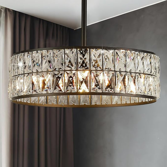 16” 4-Light Modern Crystal Chandeliers Black Dinning Room Light Fixture with Two Rods, Round Pendant Light Kitchen Island Chandelier, Flush Mount Ceiling Light for Living Room Entryway-HomvellaHome