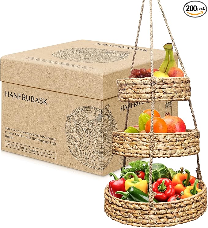 Generic HANFRUBASK - Hanging Fruit Basket Set of 3, Woven Water Hyacinth, Round, Beige, Rustic, Kitchen Storage & Organization-HomvellaHome