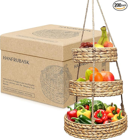 Generic HANFRUBASK - Hanging Fruit Basket Set of 3, Woven Water Hyacinth, Round, Beige, Rustic, Kitchen Storage & Organization-HomvellaHome