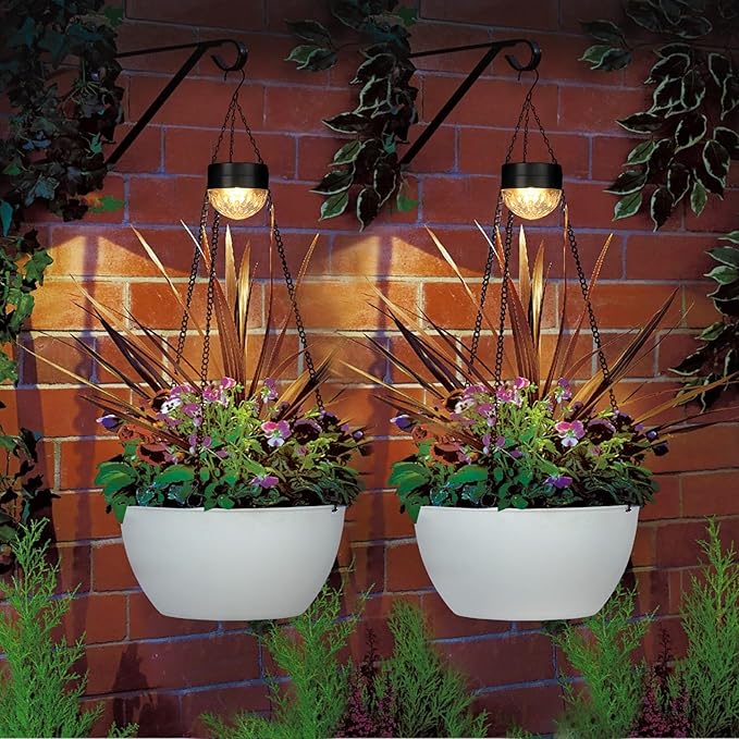 2 Packs Hanging Planters Basket for Outdoor Plants, Solar Powered Self Watering White Round Plastic Flower Pots with Drainer for Balcony Patio Garden Outdoor Decoration-HomvellaHome