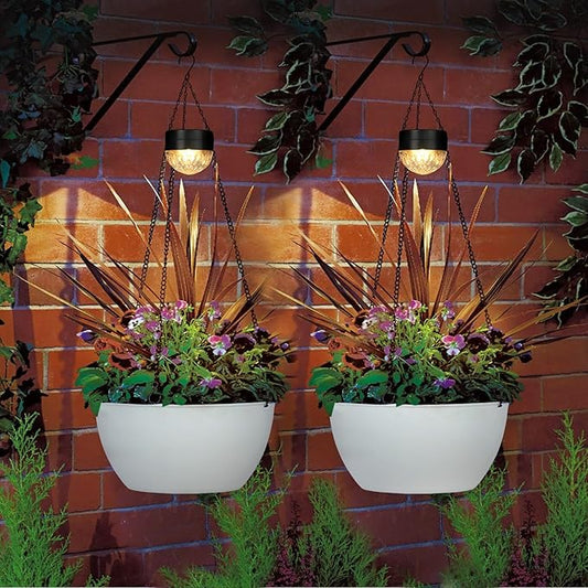 2 Packs Hanging Planters Basket for Outdoor Plants, Solar Powered Self Watering White Round Plastic Flower Pots with Drainer for Balcony Patio Garden Outdoor Decoration-HomvellaHome