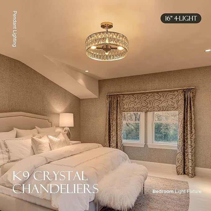 16” 4-Light Modern Crystal Chandeliers Nickel Dinning Room Light Fixture, Round Pendant Light Kitchen Island Chandelier, Flush Mount Ceiling Light for Living Room Entryway Bedroom Foyer-HomvellaHome