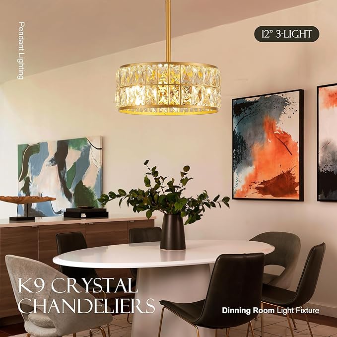 12” 3-Light Modern Crystal Chandeliers Gold Dinning Room Light Fixture, Round Pendant Light Kitchen Island Chandelier, Flush Mount Ceiling Light for Living Room Entryway Bedroom Foyer-HomvellaHome